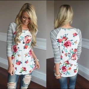 New women’s 3/4 striped sleeve floral T-shirt top